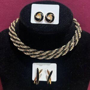 TRIFARI Gold Black Rope Necklace and 2 Earrings SET